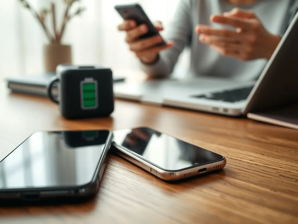 Smartfon na biurku z wyłączonym ekranem obok symbolu baterii, w tle osoba korzysta z telefonu i laptopa