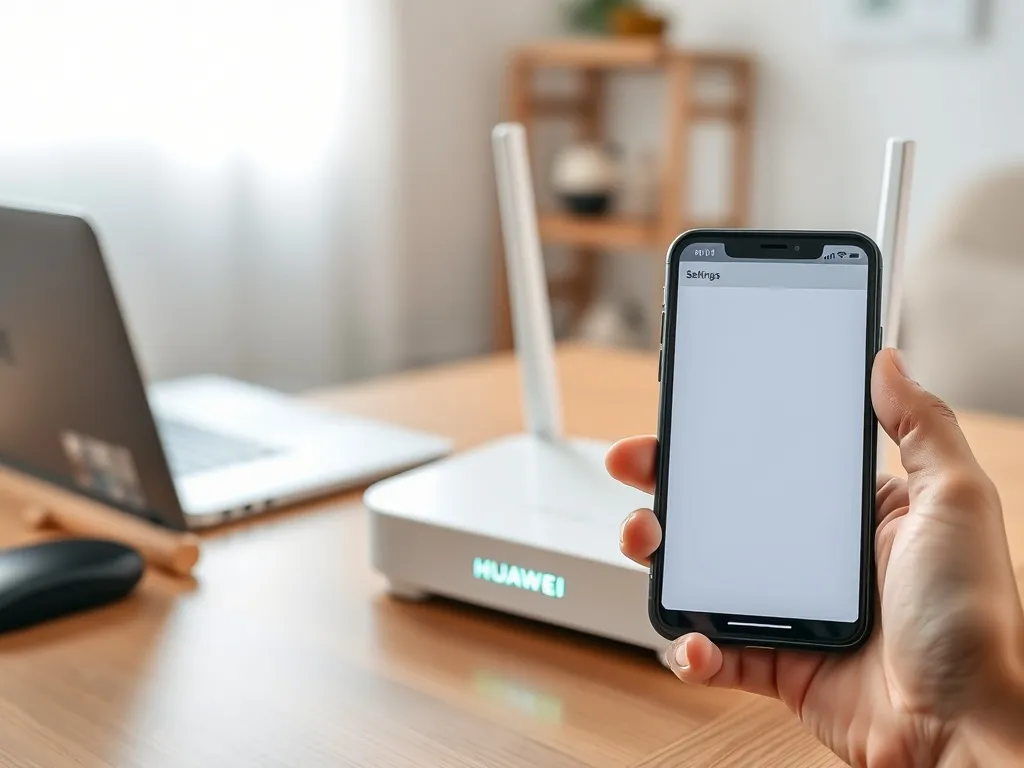 Nowoczesny router Huawei na biurku oraz smartfon z ekranem ustawień, ilustrujące logowanie do panelu routera w domu.
