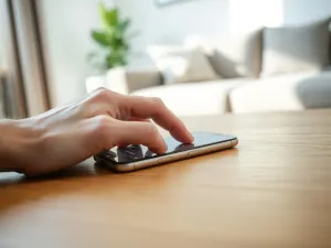 Smartfon podłączony kablem USB do telewizora w salonie, ilustrujący przesyłanie obrazu z telefonu na TV