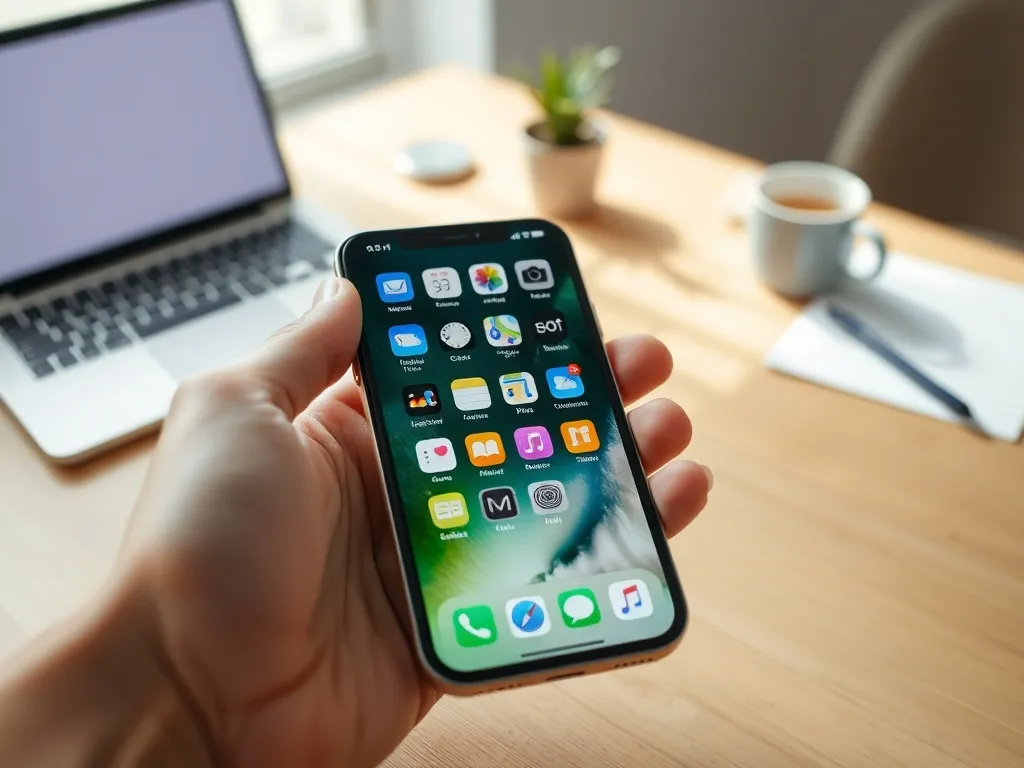 Dłoń trzymająca iPhone’a z przemieszczanymi ikonami aplikacji, na tle minimalistycznego, jasnego biurka z laptopem i kubkiem