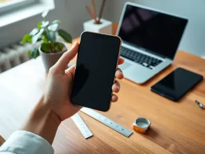 Dłoń trzymająca smartfon obok linijki i miarki na biurku, ilustrująca pomiar wymiarów iPhone’a 15