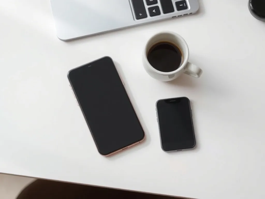 Dwa iPhone’y na białym biurku z góry, mniejszy 12 mini obok większego modelu, pokazanie różnicy w wymiarach.