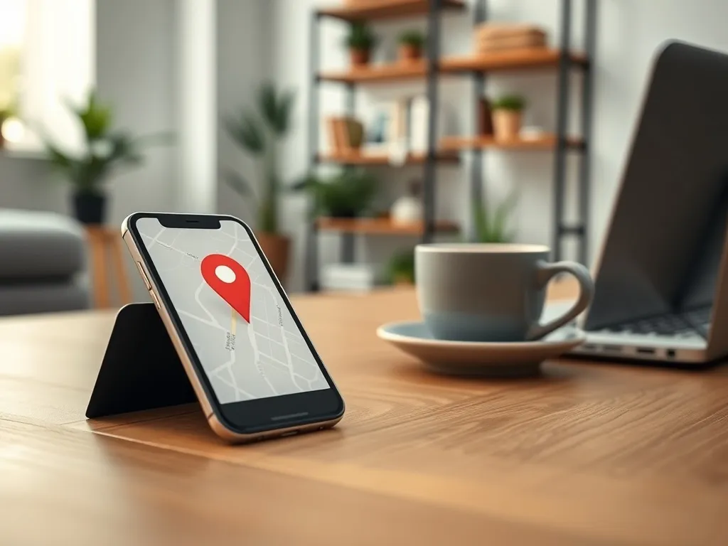 Smartfon na biurku z kolorową pinezką lokalizacji na mapie, symbolizujący aplikację do śledzenia telefonu.