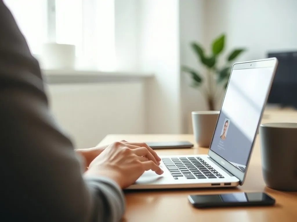 Osoba przy biurku edytuje zdjęcie do dowodu na laptopie w jasnym, minimalistycznym domowym biurze.