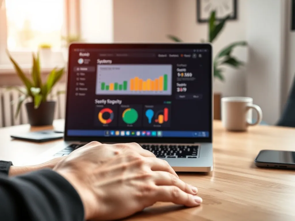 Laptop z kolorowym pulpitem systemowym na biurku, spokojne dłonie użytkownika podkreślają kontrolę i bezpieczeństwo pracy.