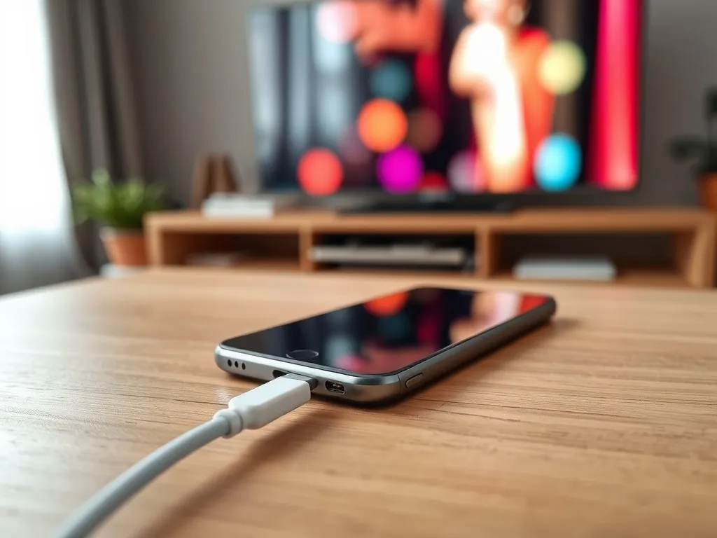 Smartfon podłączony kablem USB do telewizora w salonie, ilustrujący przesyłanie obrazu z telefonu na TV