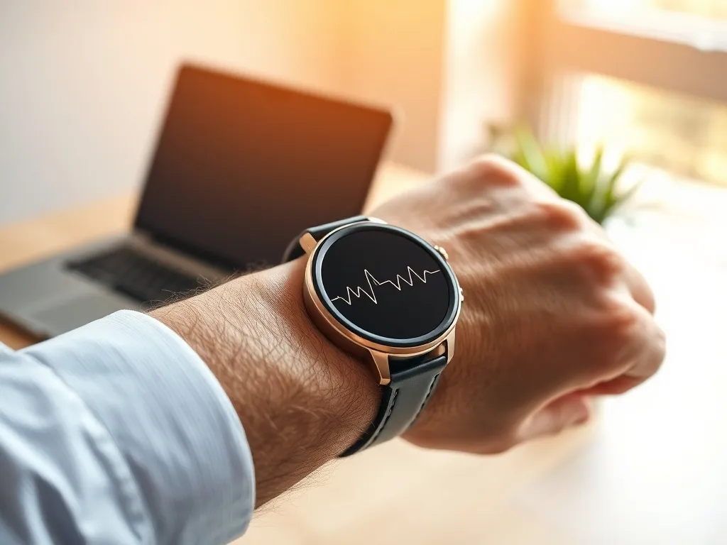 Smartwatch na nadgarstku wyświetlający wykres EKG, w tle minimalistyczne biurko z laptopem w ciepłym dziennym świetle.