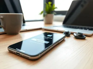 Dłoń trzymająca smartfon obok linijki i miarki na biurku, ilustrująca pomiar wymiarów iPhone’a 15