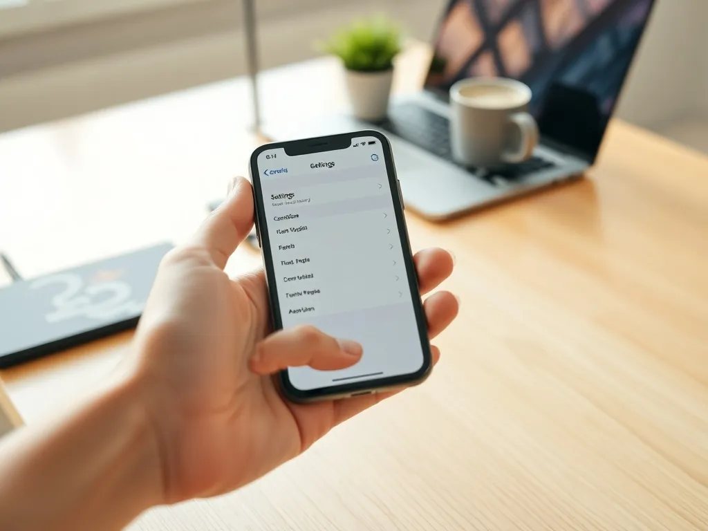 Osoba trzyma iPhone’a nad biurkiem w domowym biurze, ekran pokazuje ustawienia, obok laptop, kubek i roślina.
