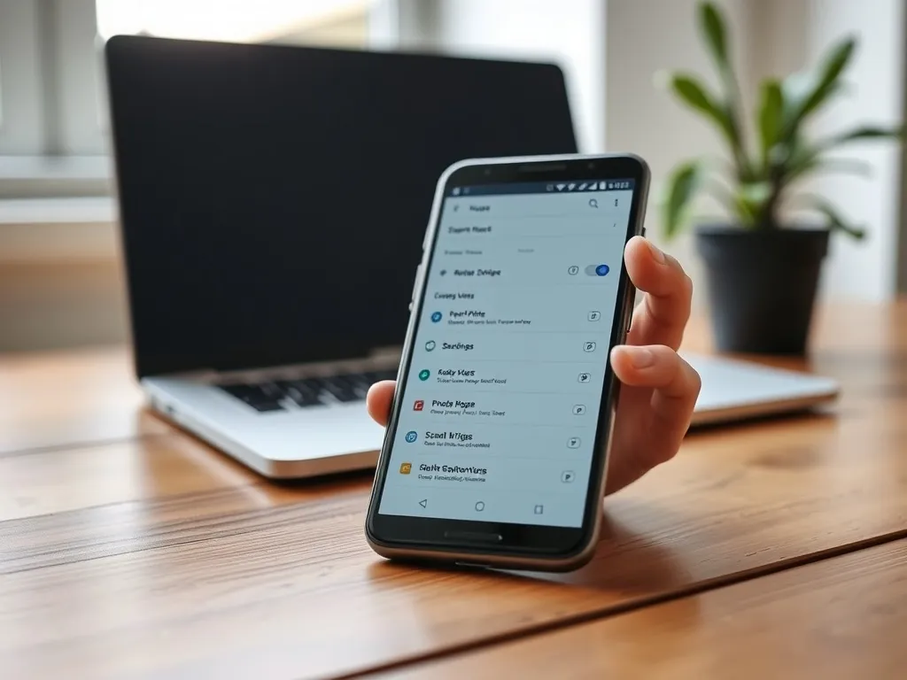 Smartfon z Androidem na biurku, z otwartą listą aplikacji, w tle rozmyty laptop i roślina w domowym biurze.