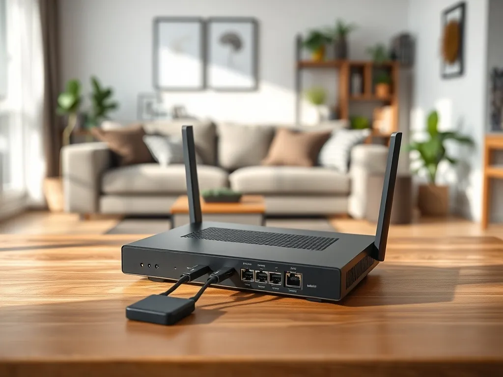 Nowoczesny router z podłączonymi dyskami sieciowymi na biurku w salonie, ilustrujący domowy NAS do przechowywania danych.