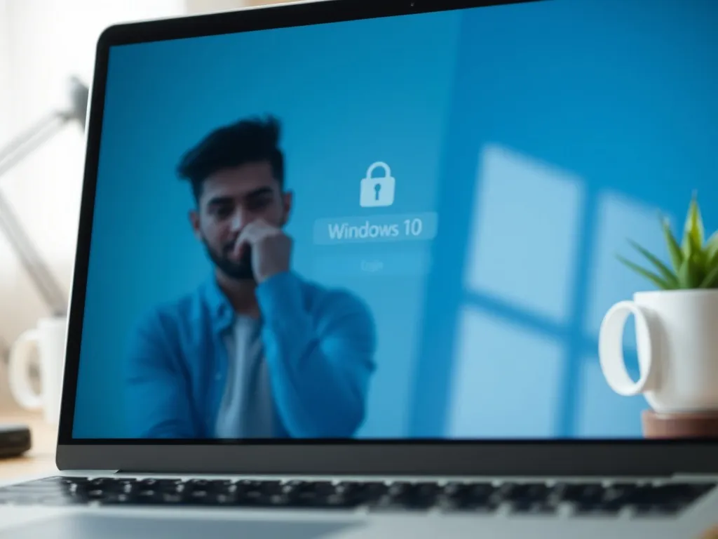 Zablokowany ekran logowania Windows 10 na laptopie, osoba zastanawia się nad odblokowaniem komputera w domowym biurze.