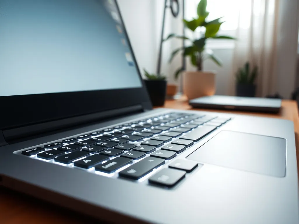 Podświetlona biała klawiatura laptopa Lenovo na biurku, pokazująca efekt włączonego podświetlenia klawiszy.