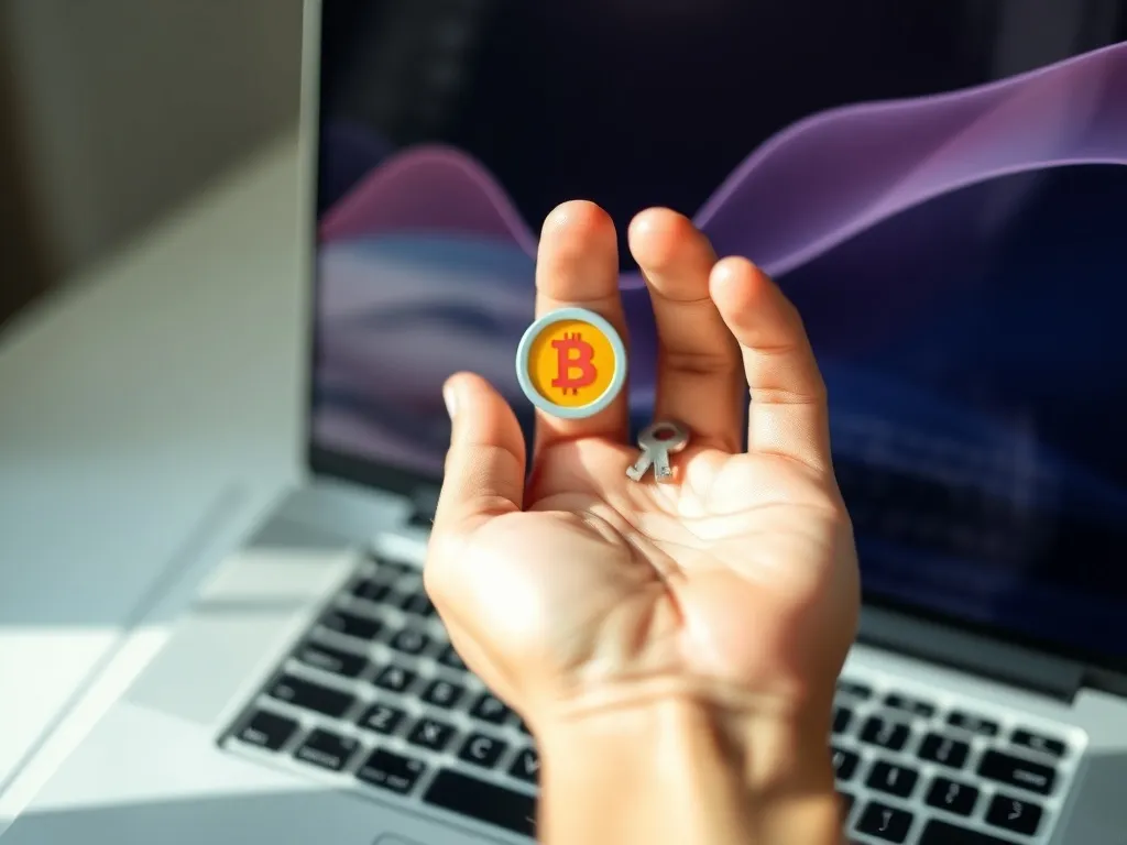 Dłoń trzyma kolorową ikonę tokena i klucza nad klawiaturą laptopa, symbol cyfrowej wartości i dostępu