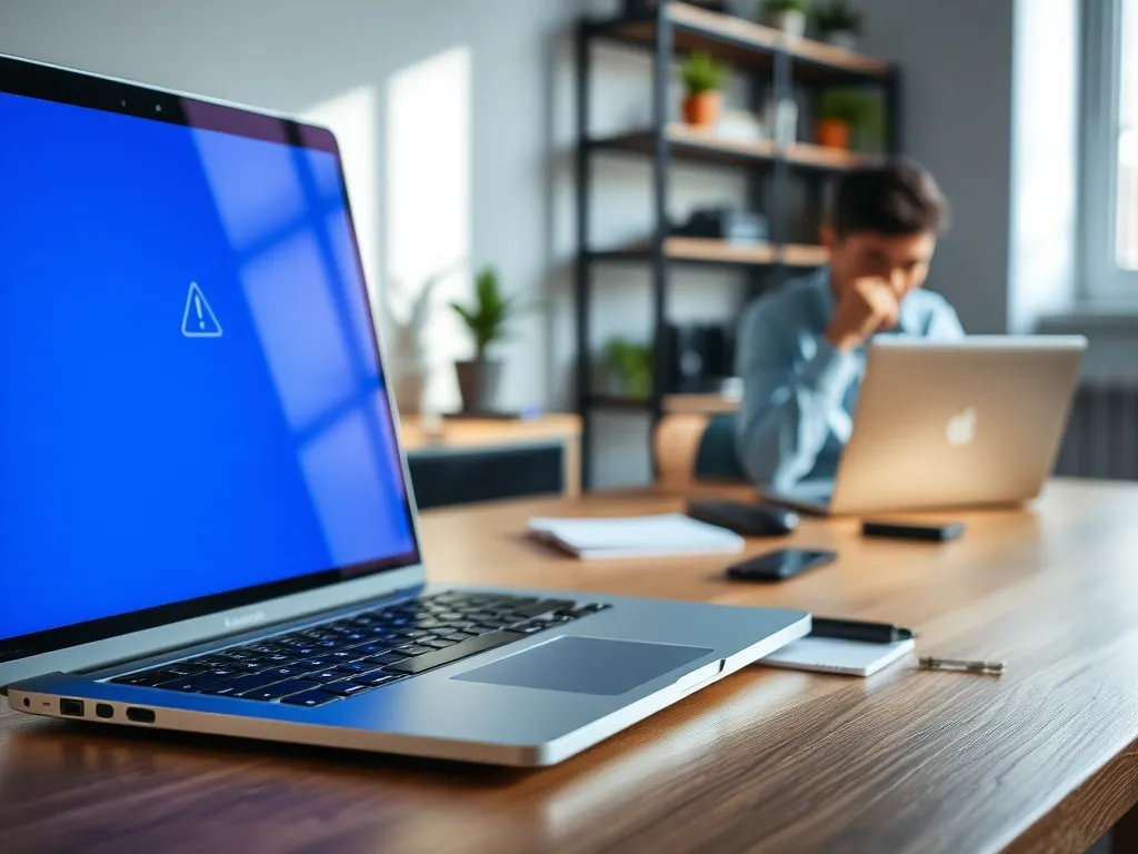 Laptop z niebieskim ekranem błędu na biurku, zmartwiona osoba w tle szuka rozwiązania problemu IRQL_NOT_LESS_OR_EQUAL
