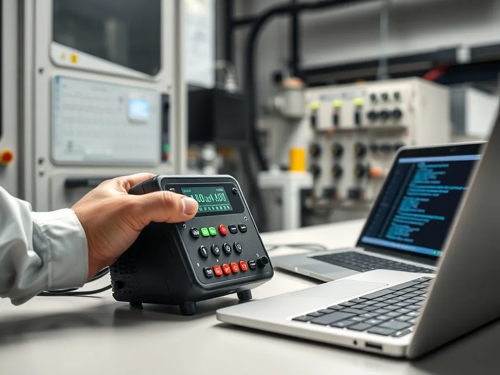 Technik programuje kompaktowy sterownik Nice MCA2 przy laptopie z kodem, w nowoczesnym laboratorium automatyki.