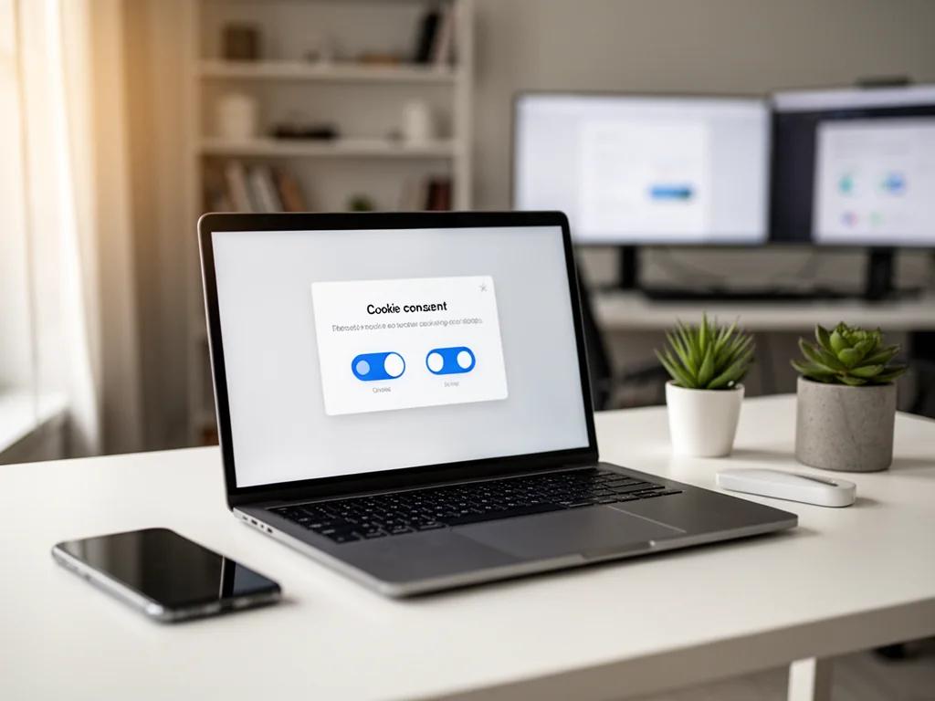 Laptop z widocznym oknem zgody na cookies na biurku, symbolizujący konfigurację Google Consent Mode v2.