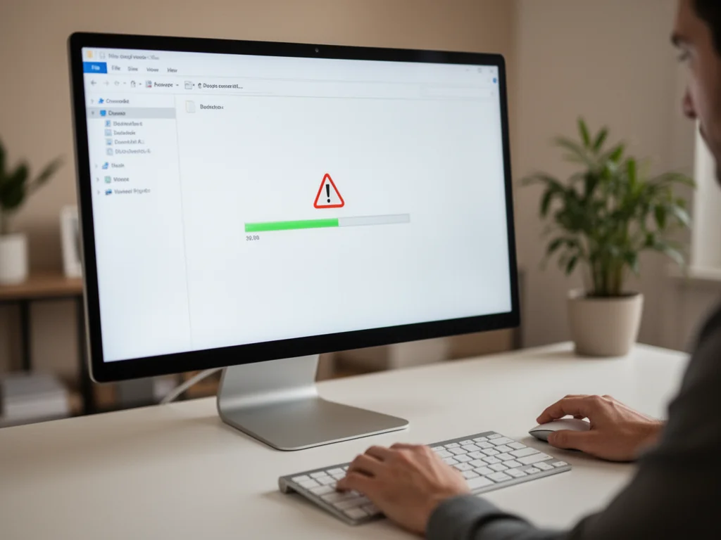 Utwór wyodrębniania plików zatrzymany w połowie, użytkownik przy komputerze szuka rozwiązania problemu w Windows.