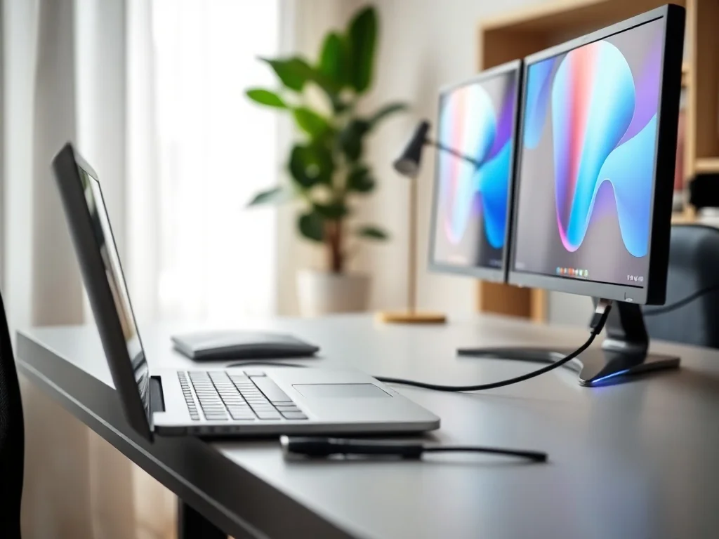 Minimalistyczne biurko z komputerem i dwoma monitorami obok siebie, pokazujące przykładowe podłączenie zestawu dual-screen.