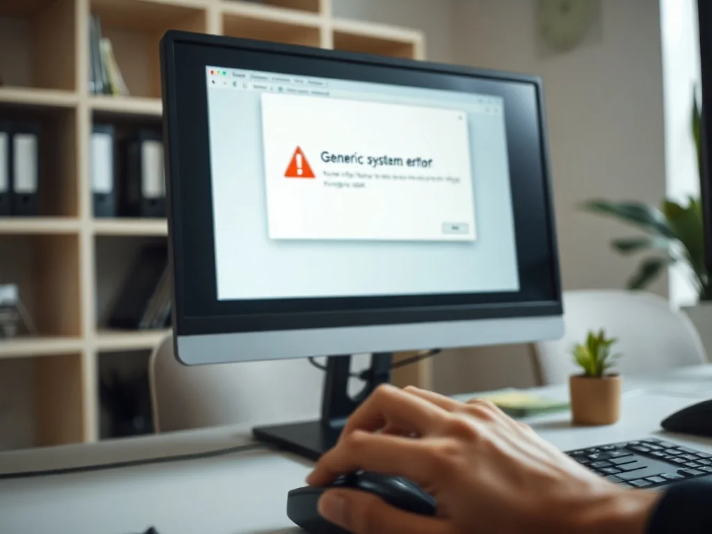 Monitor z komunikatem błędu systemowego, ręka na myszce przy klawiaturze, nowoczesne biuro w tle