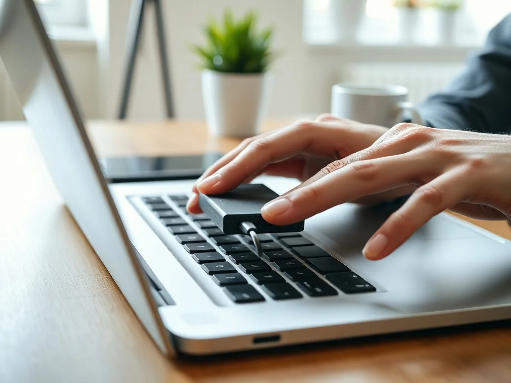 Osoba podłącza zewnętrzny dysk twardy kablem USB do laptopa na biurku, przygotowując się do rozwiązania problemu z wykryciem dysku.