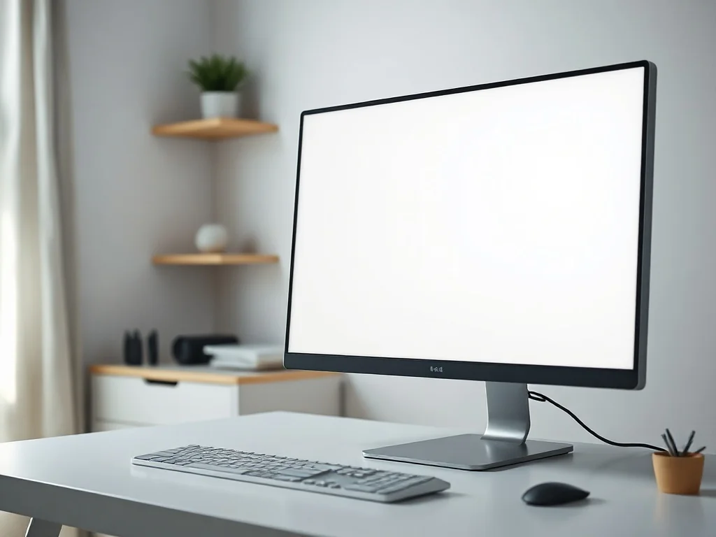 Monitor na biurku z pulpitem rozciągniętym na cały ekran, w jasnym, minimalistycznym i uporządkowanym home office.