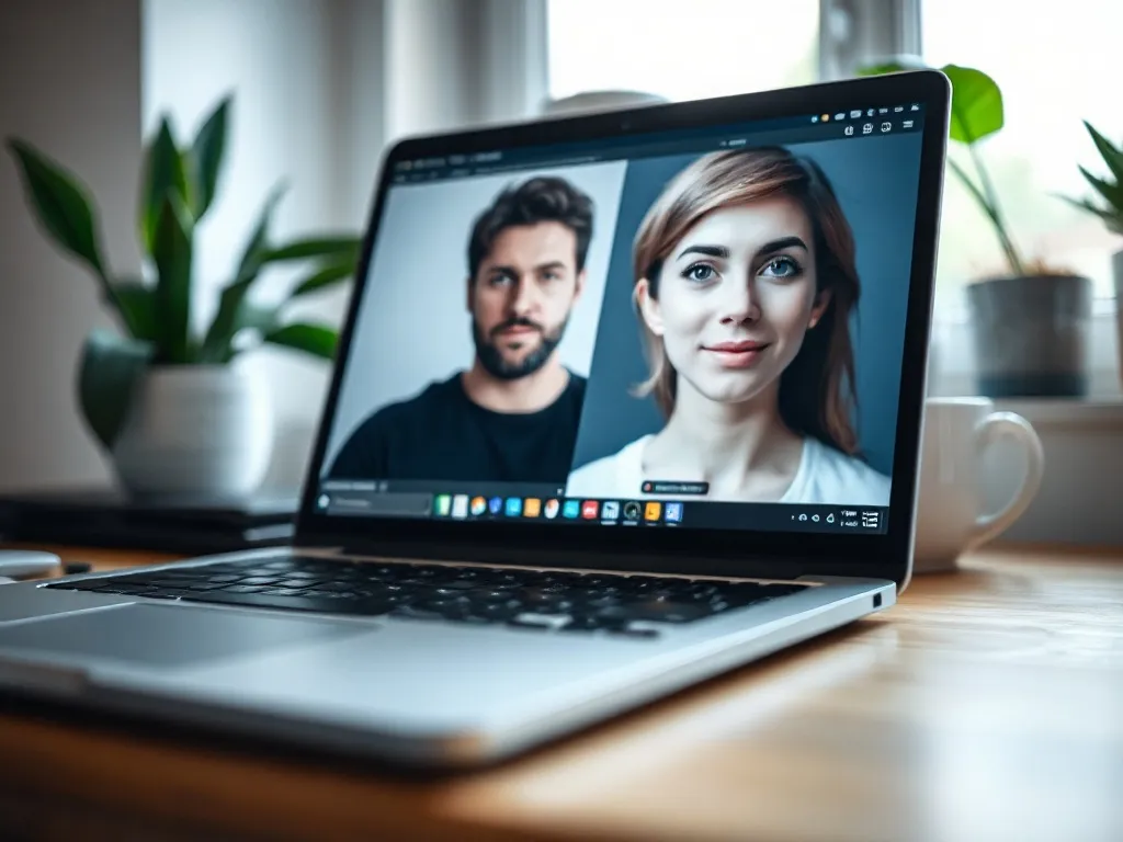 Laptop z porównaniem statycznego portretu i ożywionej animacji twarzy na biurku w przytulnym, nowoczesnym miejscu pracy.
