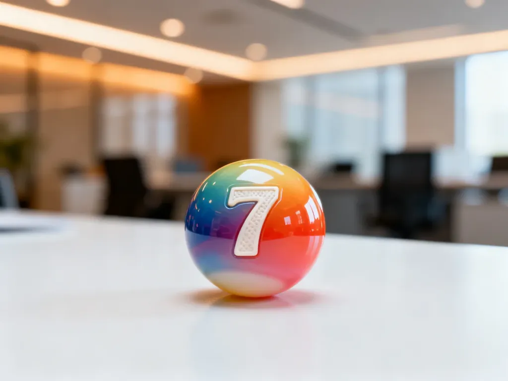 Kolorowa, trójwymiarowa kula z cyfrą 7 na białym tle, ilustrująca działanie generatora liczb losowych Google.