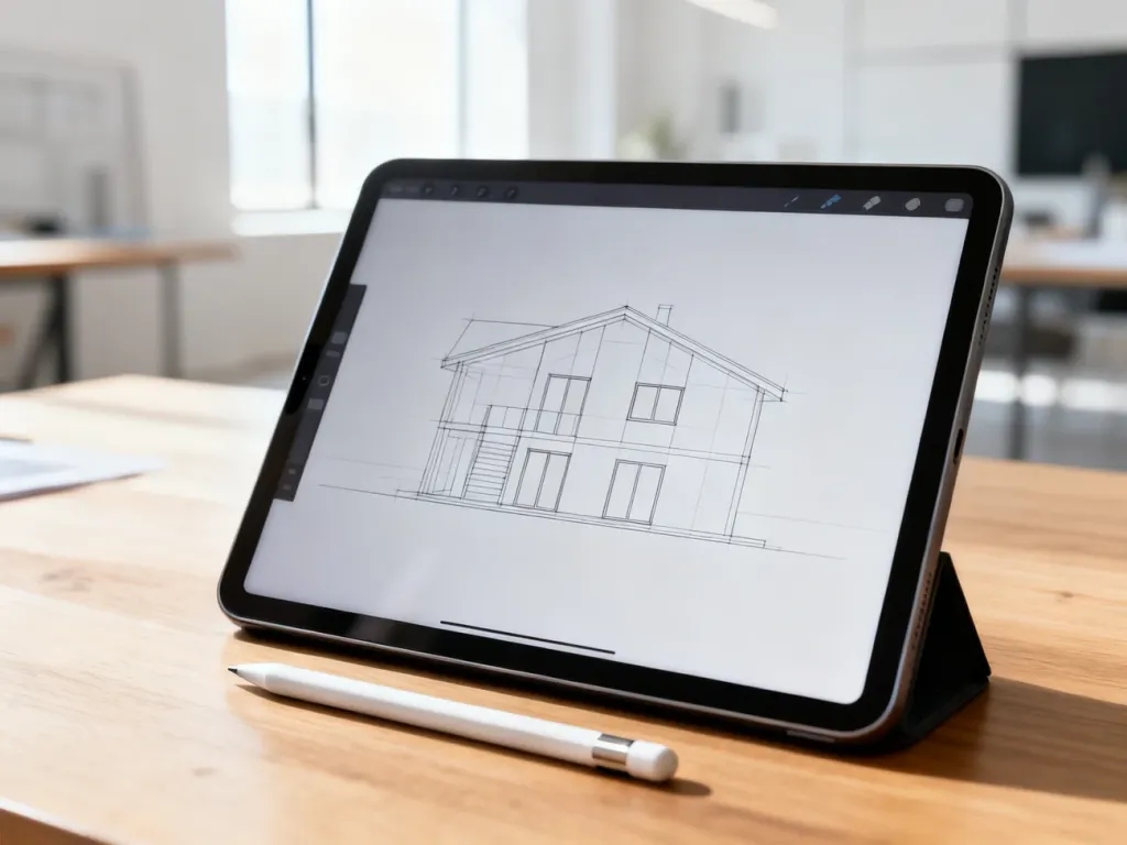 Tablet z projektem elewacji 3D na drewnianym biurku, ilustrujący proces samodzielnego projektowania domu online.