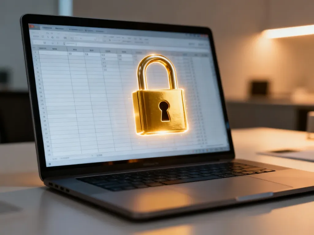 Złota kłódka na ekranie laptopa z arkuszem kalkulacyjnym, symbolizująca zabezpieczenie pliku Excel hasłem.