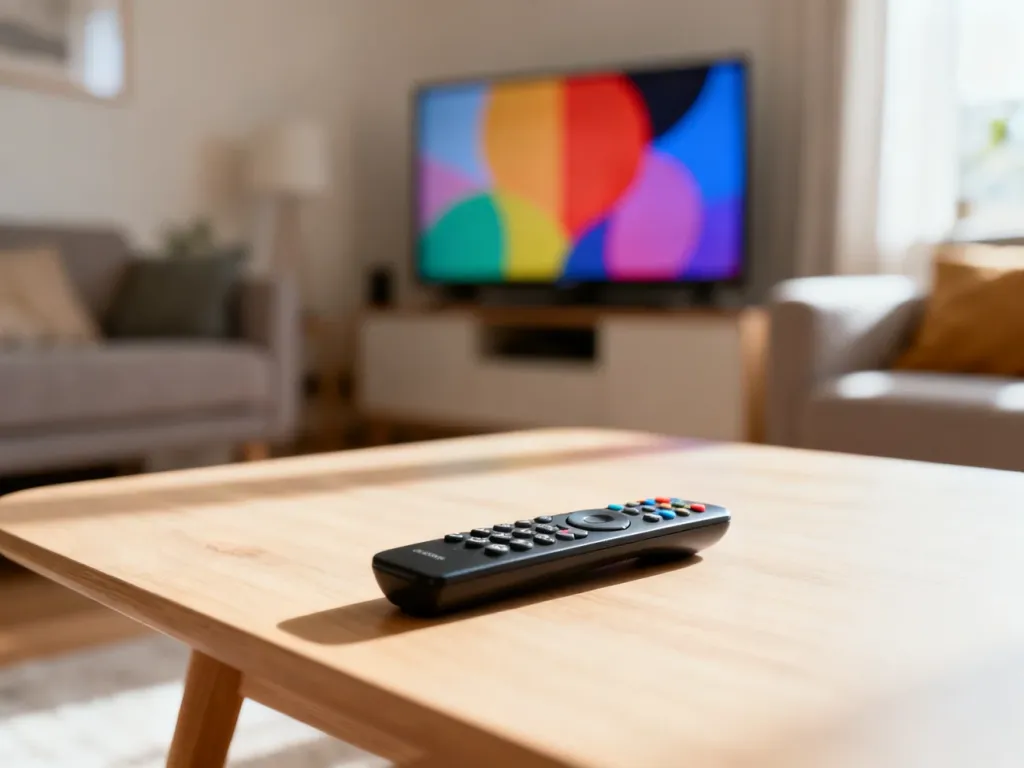 Pilot do telewizora leżący na drewnianym stoliku w przytulnym salonie, symbolizujący łatwy dostęp do darmowej telewizji.