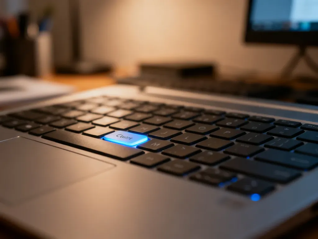 Zbliżenie na klawiaturę nowoczesnego laptopa z podświetlonym klawiszem funkcyjnym w domowym biurze.