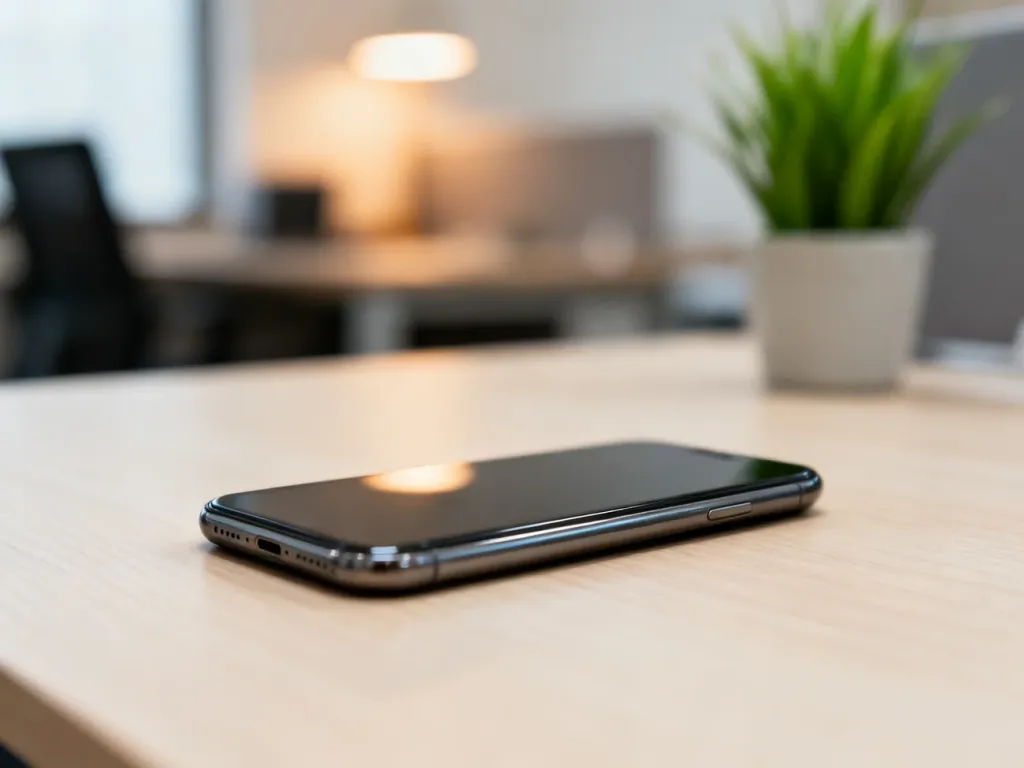 Nowoczesny smartfon leżący na drewnianym biurku w jasnym, profesjonalnym biurze.
