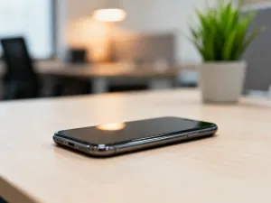 Dłoń trzymająca smartfon z nowoczesnym interfejsem na ekranie, w tle rozmyte biurko w ciepłym oświetleniu.