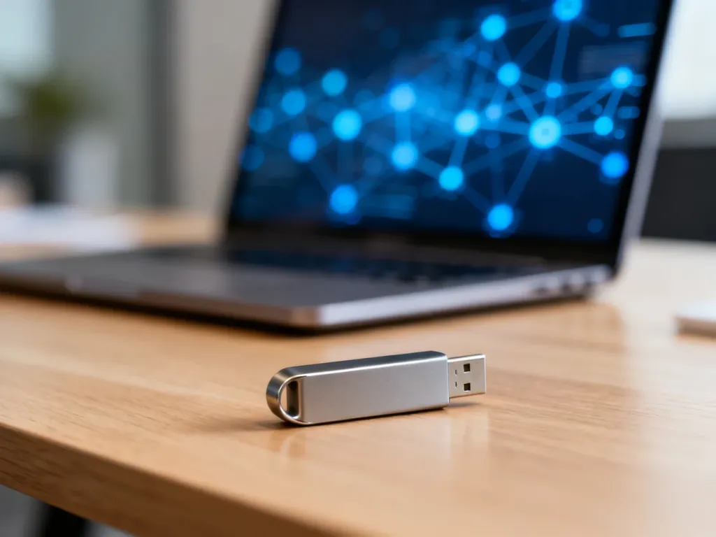 Metalowy pendrive na drewnianym biurku na tle ekranu laptopa z cyfrowymi danymi, symbolizujący odzyskiwanie plików.