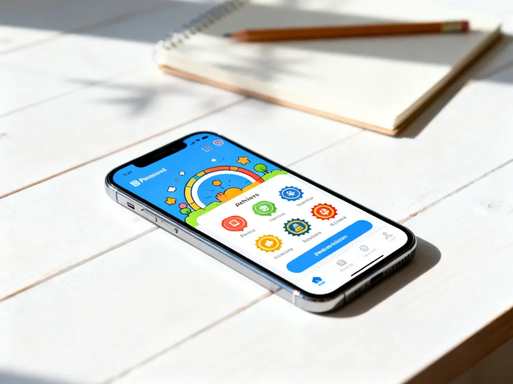 Smartfon z otwartą aplikacją edukacyjną na biurku, symbolizujący postępy w nauce i zdobywanie osiągnięć.