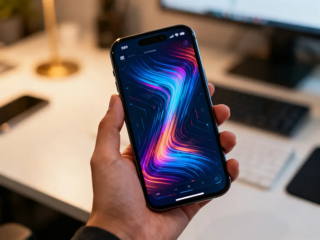Dłoń trzymająca smartfon z nowoczesnym interfejsem na ekranie, w tle rozmyte biurko w ciepłym oświetleniu.