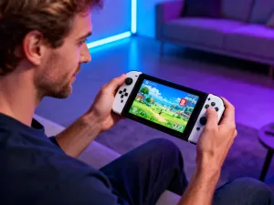 Nowoczesna konsola PlayStation 5 Pro na szklanym biurku w otoczeniu gamingowego stanowiska z podświetleniem LED.