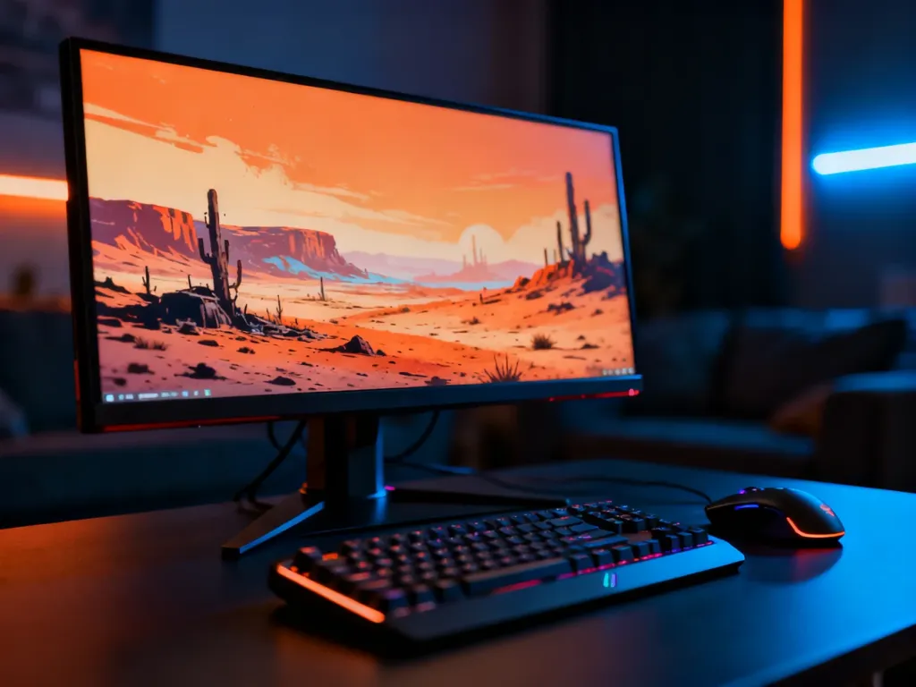 Stanowisko gracza z monitorem wyświetlającym pustynny krajobraz z gry Borderlands 3 w przytulnym, oświetlonym pokoju.
