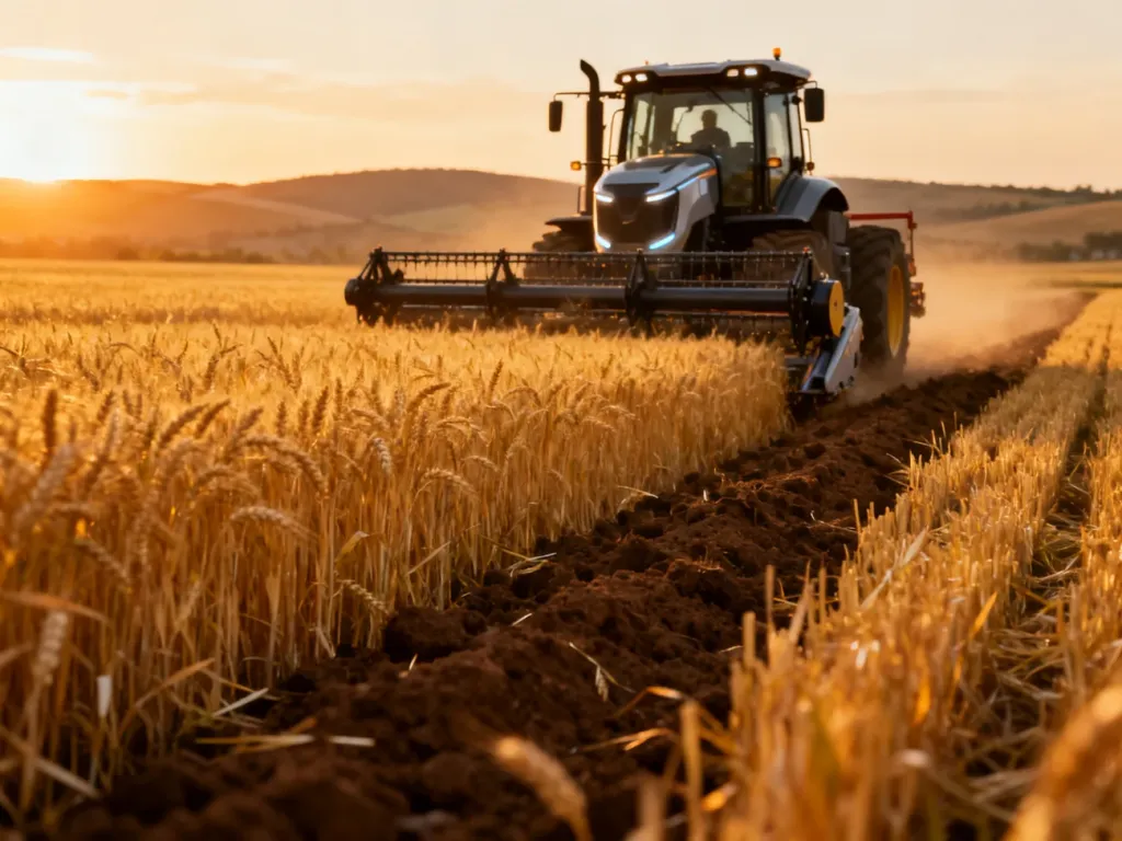 Nowoczesny ciągnik pracujący na polu pszenicy podczas zachodu słońca, nawiązujący do klimatu serii Farming Simulator.
