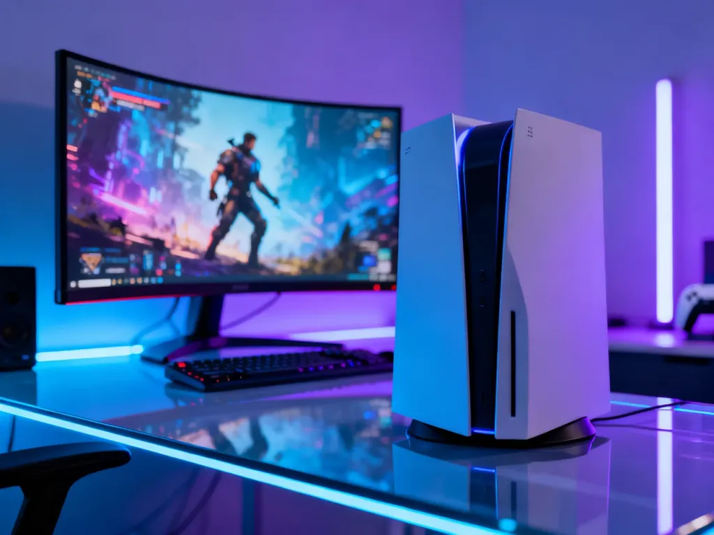 Nowoczesna konsola PlayStation 5 Pro na szklanym biurku w otoczeniu gamingowego stanowiska z podświetleniem LED.