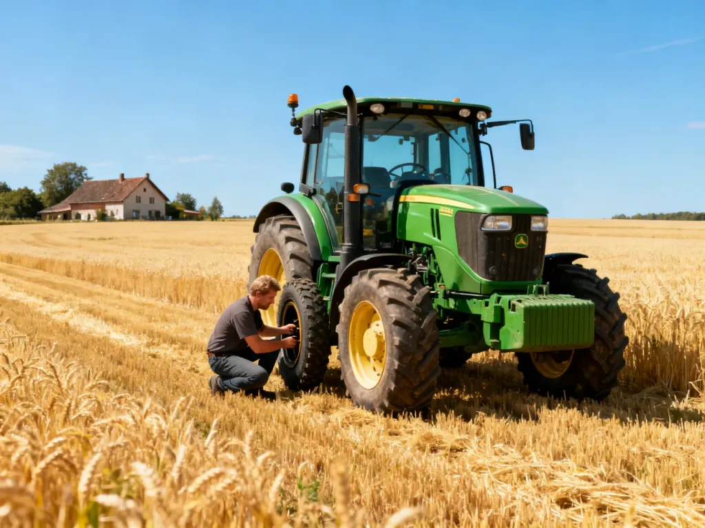 Rolnik sprawdzający koło nowoczesnego ciągnika na polu pszenicy, ilustrujący rozgrywkę w Farming Simulator 2019.