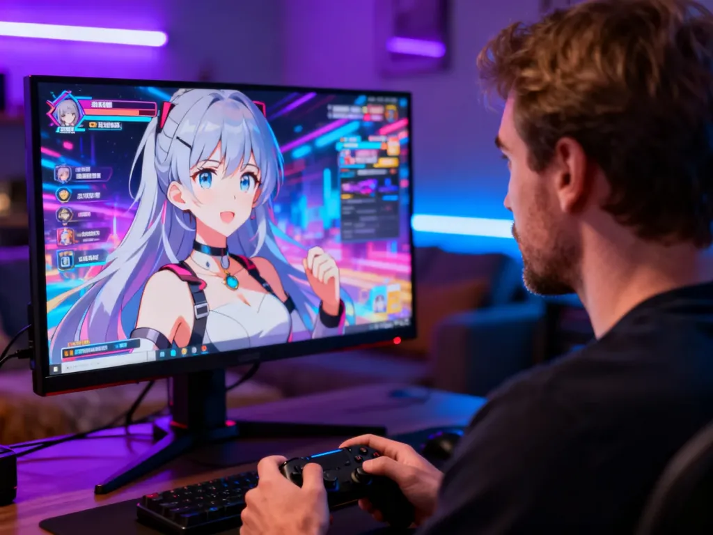 Gracz siedzący przed monitorem z kolorową grą w stylu anime w przytulnym pokoju z nastrojowym oświetleniem LED.
