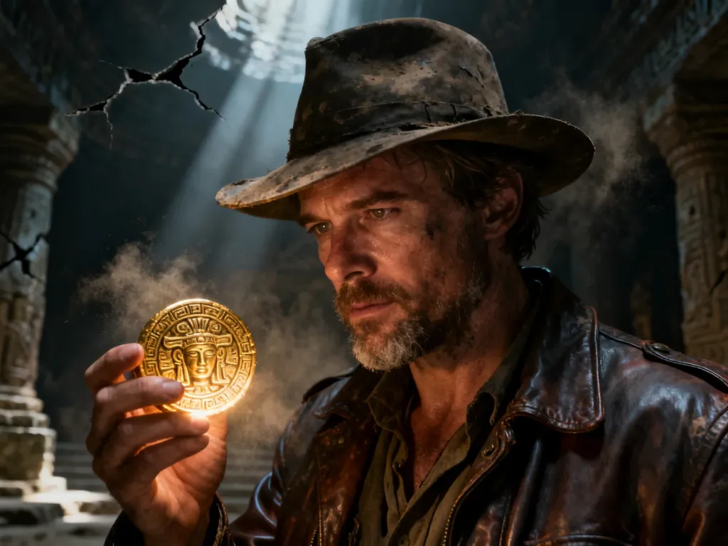 Indiana Jones w skórzanej kurtce i kapeluszu trzymający świecący, starożytny artefakt w mrocznym, tajemniczym grobowcu.