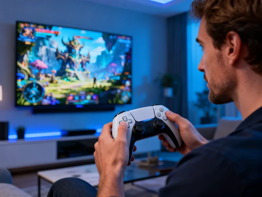 Mężczyzna trzymający kontroler przed telewizorem wyświetlającym grę, co ilustruje działanie usługi Xbox Cloud Gaming.