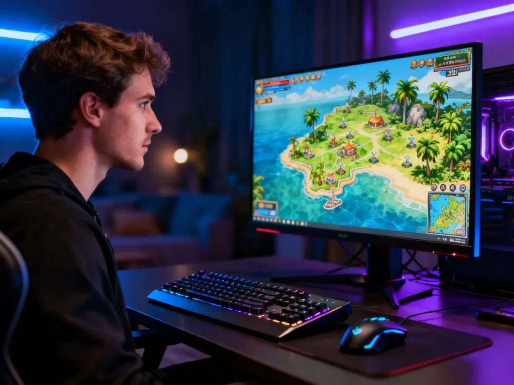 Gracz skupiony na rozgrywce w Tropico 6 na monitorze komputera w pokoju z nastrojowym oświetleniem LED.