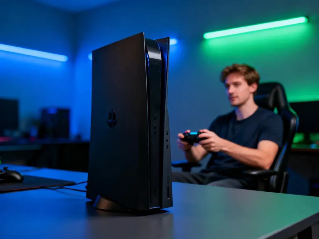 Konsola Xbox Series X ustawiona na biurku w nowoczesnym pokoju gracza z nastrojowym podświetleniem LED.