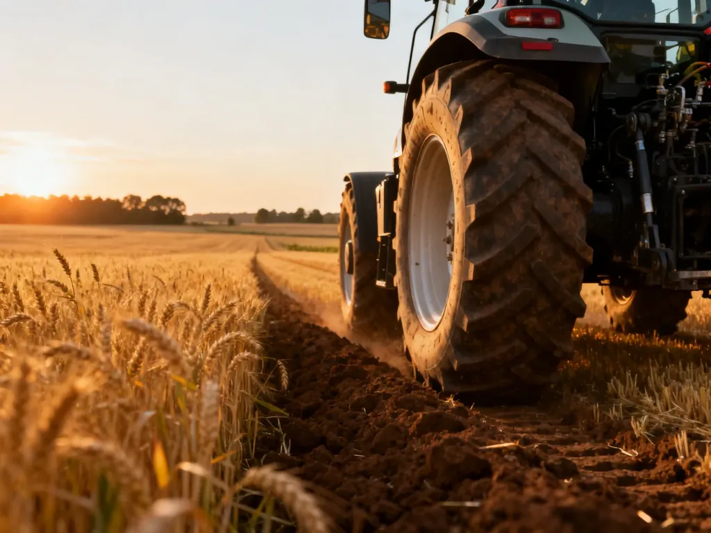 Nowoczesny ciągnik pracujący na polu pszenicy podczas zachodu słońca w grze Farming Simulator 22.