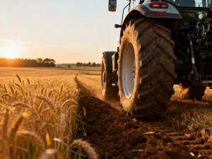 Nowoczesny ciągnik pracujący na polu pszenicy podczas zachodu słońca, nawiązujący do klimatu serii Farming Simulator.
