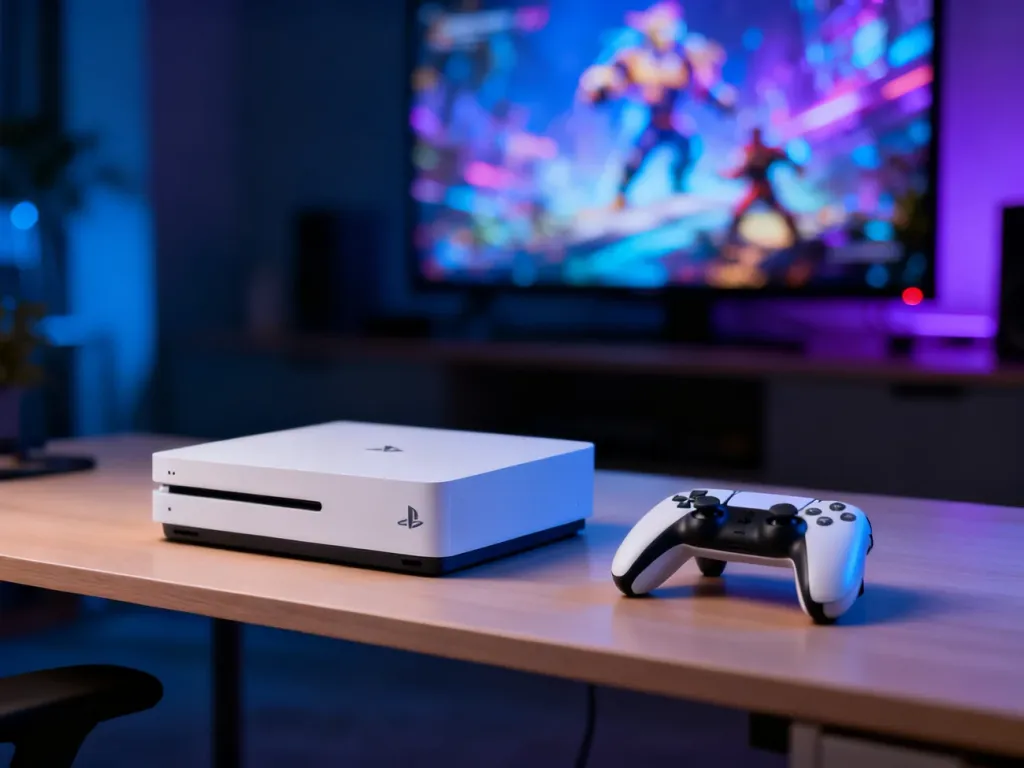 Biała konsola Xbox Series S z bezprzewodowym kontrolerem na drewnianym biurku w klimatycznym, przyciemnionym pokoju.